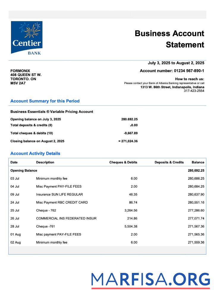 Realistic USA Indiana Centier firm account statement Word and PDF template